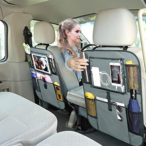 Car Backseat Organizer with 10'' iPad Tablet Holder + 5 Storage Pockets for Bottle Toys Book Drink, Auto Seat Back Protector Kick Mats, Universal Fit Travel Accessories for Kids & Toddlers Gray 2 Pack - Thumbnail 2