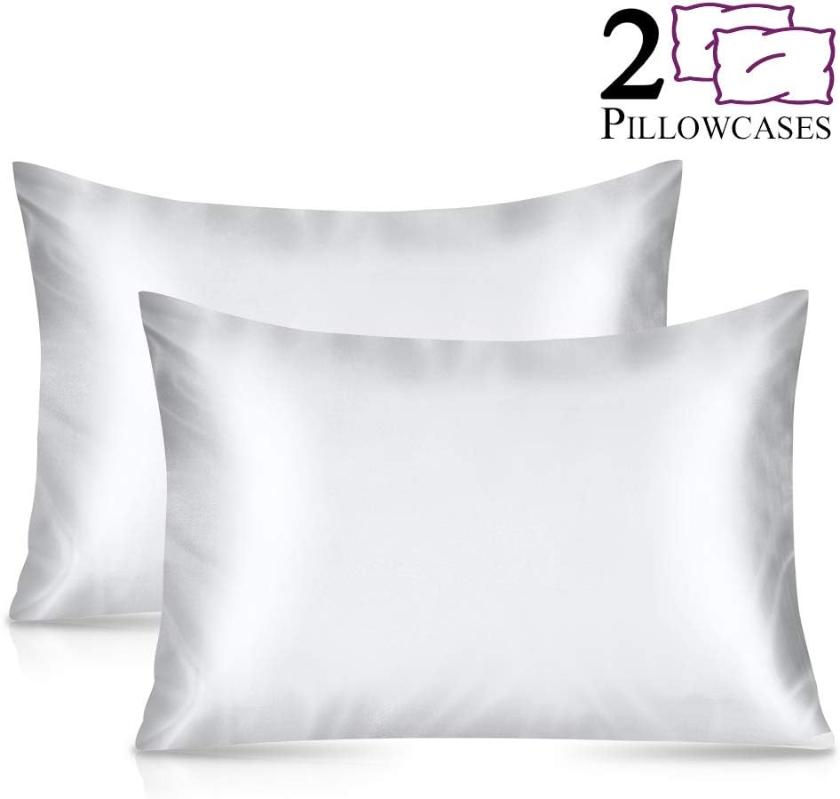 FURNISHOP 2 Pack Standard Silky Satin Pillowcase for Hair and Skin, Facial Beauty Hypoallergenic, Super Soft and Luxury Pillow Cases Covers with Envelope Closure (Queen: 20x30, White)