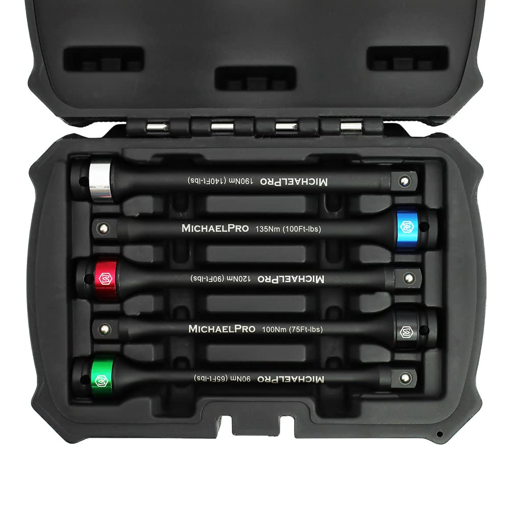 MichaelPro MP001207 5-Piece 1/2-Inch Drive Torque Limiting Extension Bar, 65 to 140 Ft-Lbs (90 to 190 Nm), 8-Inch Length, Heavy Duty Torque Applications