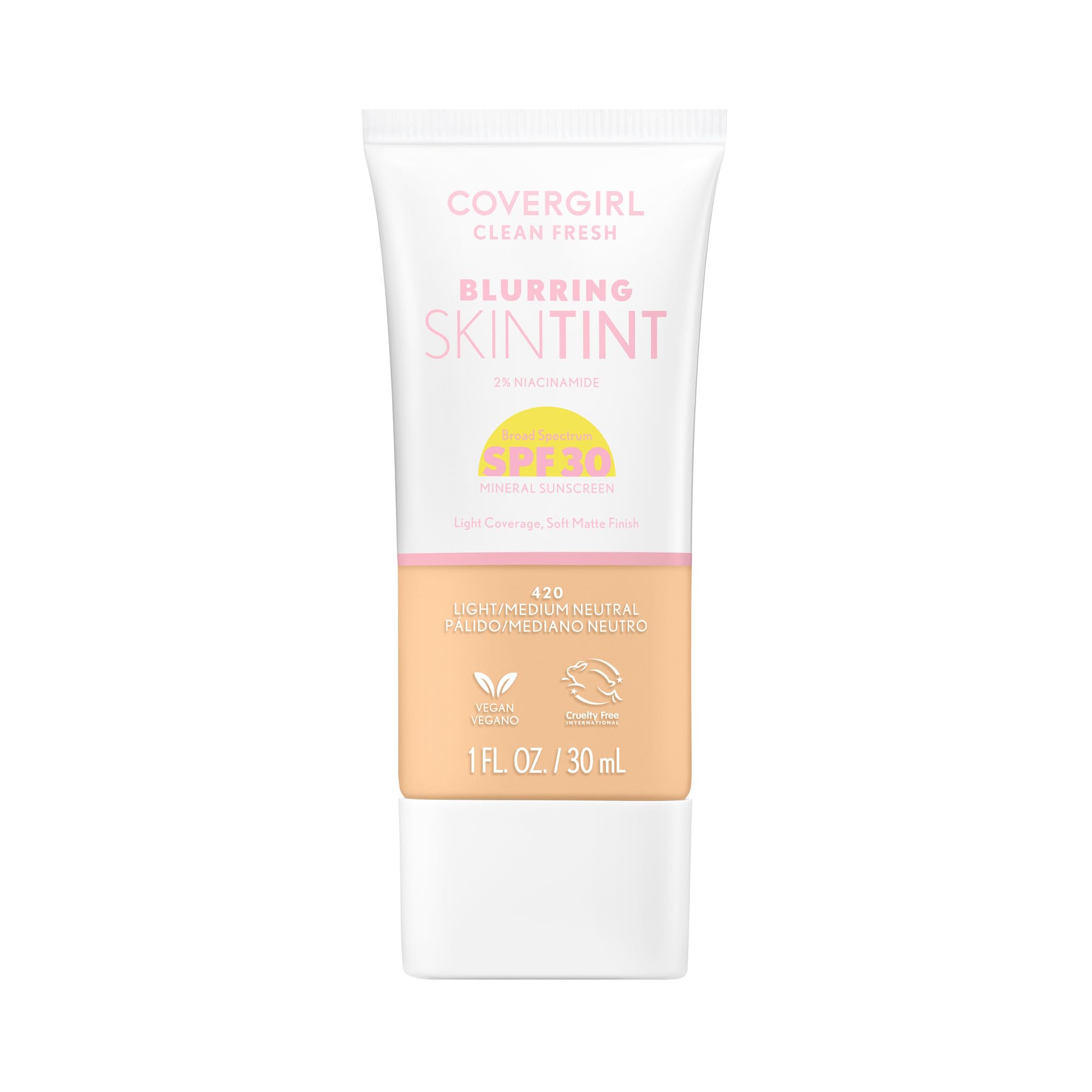 Photo 1 of COVERGIRL Clean Fresh Blurring Skin Tint with SPF 30, 420 Light/Medium Neutral, Liquid Foundation, Soft Matte Finish, Smooths, Brightens, Blurs Pores, Mineral Sunscreen, Vegan Formula