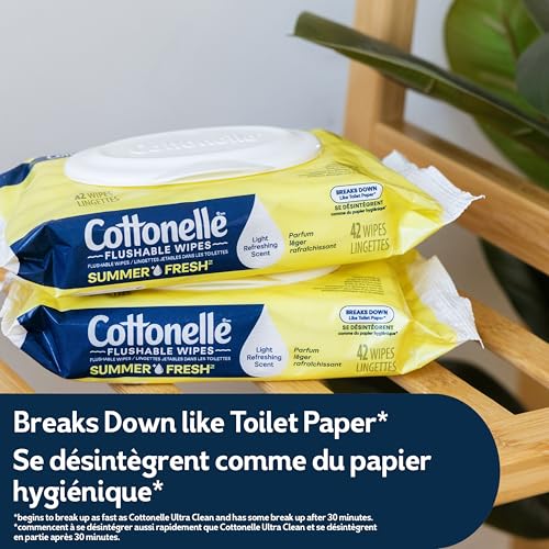 Cottonelle Summer Fresh Scented Flushable Wet Wipes, Biodegradable & Septic Safe, 4 Flip-Top Packs of 42, 168 Total Flushble Wipes | 4 Flip-Top Packs, Septic Safe, Light Floral Scent, Gentle, Alcohol-Free, Plant-Based