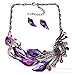 MLYSA Elegant Women's Purple Peacock Enamel Festoon Bib Necklace Stud Earrings Set