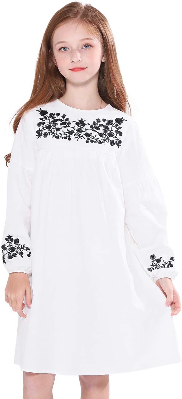 SOLOCOTE Girls White Dress Embroidery Cotton Kids Long Sleeve Casual Style Youth Spring Princess Dresses 3-14Y