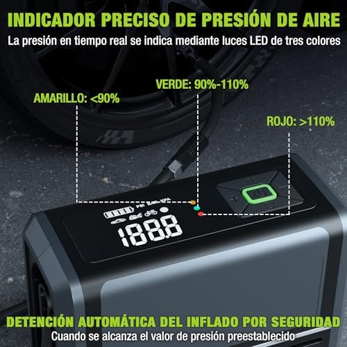 Compresor Aire Portátil 3 en 1, Luz LED Power Bank