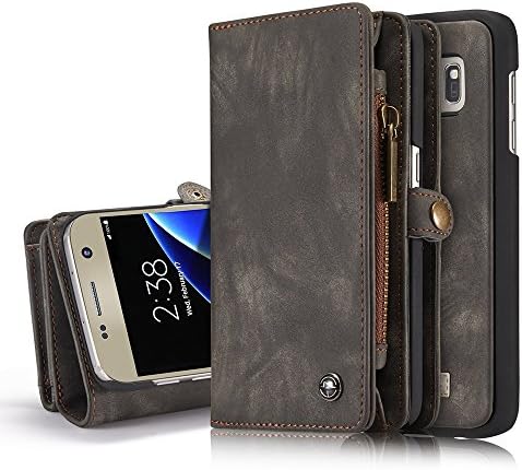 Galaxy S7 Edge Leather Wallet Case Premium Retro Zipper Folio Flip Card Slots Cash Holder Case Purse With Detachable Magnetic Hard Cover For Samsung phone (Black)