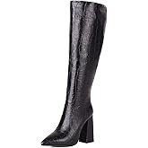 MRKEWUNEY Women Elegant Dress Boots Knee High Zipper Slim High Boots Pointed Toe Block Heels Pleated Boots Wedding Party Heels Long Boots Black Size 41