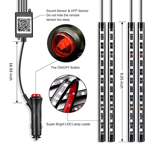 Car LED Strip Lights, ONEKA 4pcs 48 LED Bluetooth APP Control Atmosphere Interior Lights Multicolor Music Car Led Light Strips Under Dash Lighting Kit For DIY Car Indoor Party (Car Cigarette port)