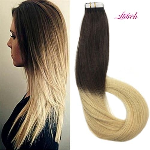Labhair 16inches 20pcs/50g Seamless Tape in Ombre Extensions 100% Real Remy Chocolate Brown Fading to Blonde Human Hair Extensions Professional Salon Quality