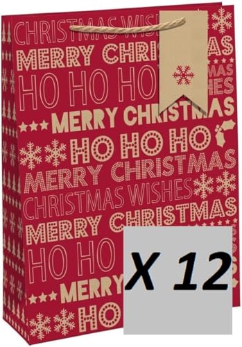Clairefontaine X-29199-2Cpack - Packung 12 Geschenktasche - Tüte Kraft, Format L (26,5x14x33 cm), 210g, geeignet für Geschenke, Weihnachtliche Beschriftung, Kraftbraun - Rot, 1 Pack