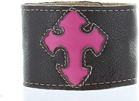 Charlie Biker Bracelet, Men or Womens Leather Bracelet with Secret Hidden Zipper Compartment, Approx 8-9" Adjustable, Dark Brown Leather with Pink Cross Design.