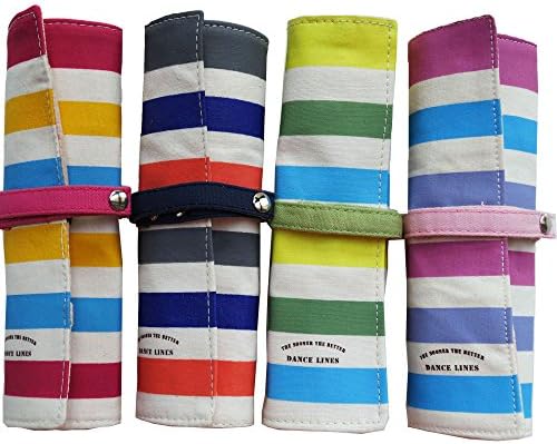 BEYLLEY 4 Pack Canvas Pencil Roll up Case Pen Holder Stationery Bag Case Makeup Brush Pouch for Women Teen Girls, Candy Stripe Pattern