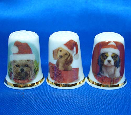 Birchcroft Porcelain China Collectable - Set of Three Thimbles - Christmas Puppies