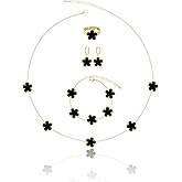 Gold Plated Five Leaf Clover Necklace Bracelet Rings and Dangle Earrings Set for Women Lucky Flower Jewelry