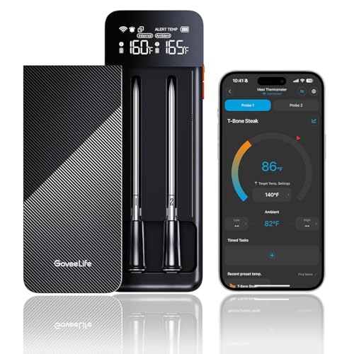 GoveeLife Smart Wireless Meat Thermometer 2 Probes with Stable Bluetooth WiFi Transmission, Digital Oven Thermometer with Accuracy±1.8℉, IP68, Charge Magnetic Base, Alarm, for BBQ, Grill, Smoker