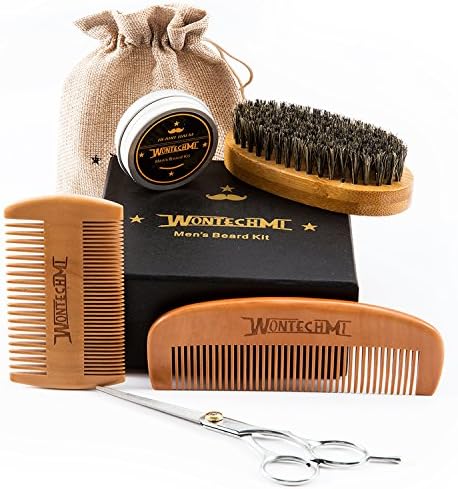 Beard Grooming Kit for Men Care, Beard Brush, WONTECHMI Beard Comb, Beard Boar Bristle Brush, Mustache and Beard Balm Butter Wax, Barber Scissors for Styling, Shaping and Growth, Father's Day gift