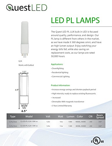 LED PL G24 Bulb Lamp 10W=(18W Equivalent) Compact Fluorescent Lamp Replacement; Non Dimmable; 40,000 Life Hours; Ballast Compatible; 120V; 5000K (4 Pack)