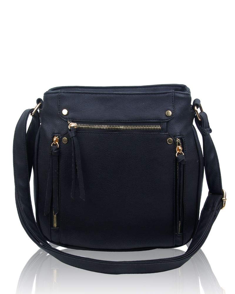 Ella's Fashion 2 Zip Section Pratical Multi Pockets Cross body Shoulder Bag For Women (Black)