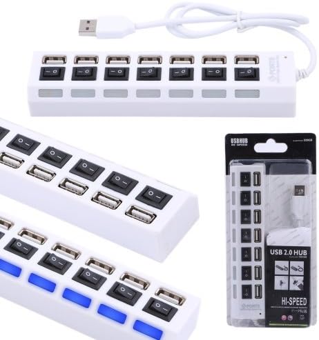 Besdata 7 Port with Individual Power Switch and Blue LEDs High Speed USB 2.0 Hub For Laptop PC White HUB201