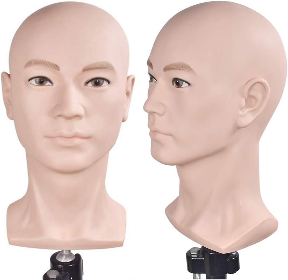 Ba Sha Training Head Cosmetology Mannequin Head Bald Manikin head for Wigs Making Wig Display Hat Display Glasses Display with Free Clamp
