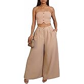 Akmipoem 2 Piece Sets for Women Summer Strapless Crop Top High Waist Wide Leg Pants Matching Outfits
