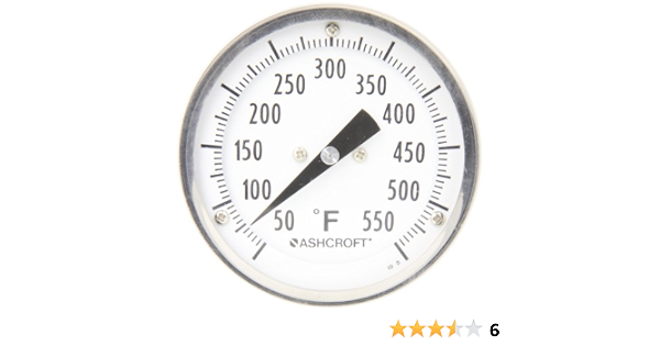 Ashcroft Ei Series Bimetal Thermometer, 3" Dial Size, 1/2" Npt Rear Stem Connection, 4" Stem Length, 50°F-550°F Temperature Range (759426908611)