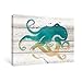 SUMGAR Beach Canvas Wall Art for Bathroom Rustic Teal Octopus Pictures Ocean Farmhouse Paintings Cute Coastal Artwork Prints for Living Room Bedroom Nursery, 16x24 inch