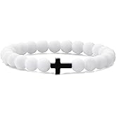 MOO&LEE Beaded Cross Bracelet for Men 8mm White and Black Bead Black Cross Bracelets Unisex
