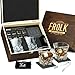 Whiskey Stones Gift Set for Men - 8 Chilling Stainless-Steel Whiskey Cubes, 2 Large Classic Glasses 11oz, Slate Stone Coasters, Velvet Storage Pouch, Silicone-Tipped Tongs in a Real Pinewood Box