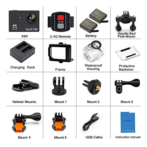 GeeKam Action Camera 4K WiFi Ultra HD Underwater 30M Waterproof 170° Wide Angle Lens Sports Camcorder with Remote Control 2 Rechargeable Batteries and Mounting Accessories Kit - Thumbnail 6