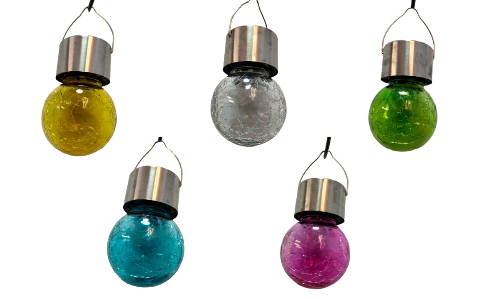 Solar Crackle Glass Ball Hanging Lights Solar Powered Multi-Coloured Garden Tree Decoration Outdoor Ornaments Unique Design Gift (Pack of 5)