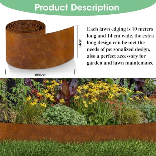 Vehipa Garten Rasenkante aus Cortenstahl 10 m x 14 cm Cortenstahl Rasenkante für DIY-Rasen, Rasenkantenband mit Rost inklusive 1 Paar Handschuhe, Rasenkanten Corten-Stahl Beeteinfassung für Garten