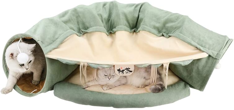 Amazon Vooph 猫ベッド ねこトンネル ペット用寝袋 ペットハウス 子犬猫ハウス キャットおもちゃ 折りたたみ式 多機能 2way ふわふわ 保温防寒 あったか 秋冬用 半月型 多用 水洗いでき 運動不足解消 抹茶色 可愛い ぐっすり眠れ ペットベッド マット ソファ うさぎ 猫