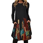 Akivide Women’s Ethnic Style Floral Printed Long Sleeve Maxi Dress Fall Casual Loose Crewneck Dresses with Pocket for Women