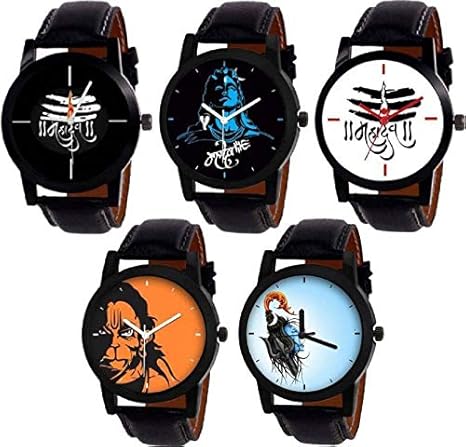 Briota Blue & Black Color Dial Stylish Leather Watches for Men & Boys (Pack of 5 God-BR-74)