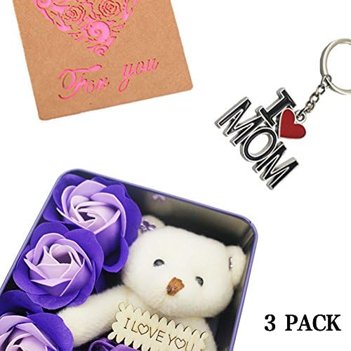 Forever Bath Soap Rose Flower with Cute Teddy Bear,Key Chain and Small Greeting Cards for Birthday Gift Anniversary Gift Thanksgiving Gift Mother's Day Gifts (purple)