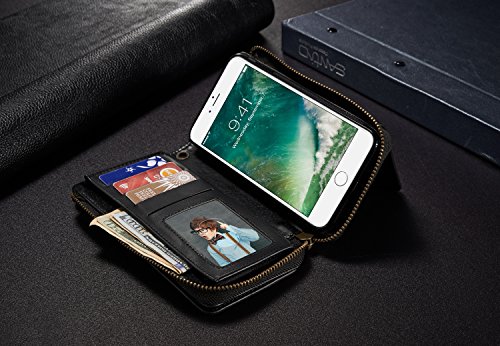 LefRight Romvable Wallet Case for iPhone 7 Plus(5.5 inch), Vintage Leather Magnetic Flip 12 Credit Card Holder Zipper Handbag Wrist Strap