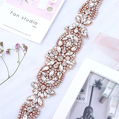 Rose Gold Rhinestone Beaded Wedding Dress Applique Sparkly for Bridal Ribbon Belt Iron on Crystal Thin Jeweled Sash Applique for Women Formal Prom Evening Bridesmaid Gown
