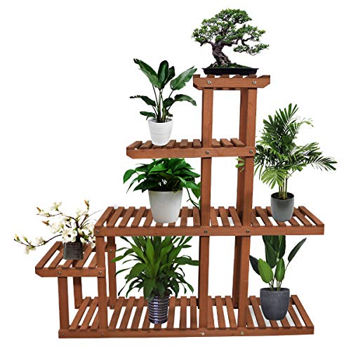 Yardeen Wooden Plant Stand Flower Display Holder Shelf 5 Tiers Storage Rack for Patio Garden Indoor Outdoor Corner 10 Pots Brown