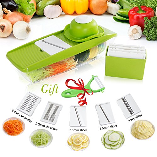 CACASO Mandoline Premium Vegetable Potato Slicer Grater Cutter for Tomato Onion, Cucumber, Zucchini Pasta, Cheese, Julienne Veggie Peeler Chopper Kitchen, Green
