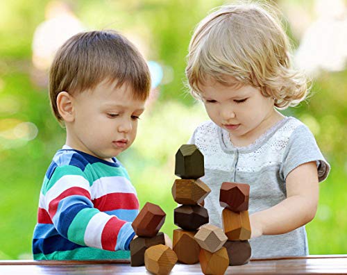 Natural Wooden Blocks Colored Wooden Stones Stacking Game Educational Puzzle Preschool Toy (Large Size (12PCS))