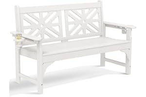 nalone Outdoor Bench with Cup Holders, HDPE All Weather Porch Bench Load up to 800 Lbs, 2-Person Garden Benches Rot-Proof Fade Proof for Patio, Porch, and Park (White)