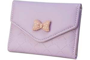 SUMGOGO Womens Girls Wallet Cute Bowknot Trifold Wallet Leather Purse Small Slim Short Wallet Cash Card Holder Bag (Purple)