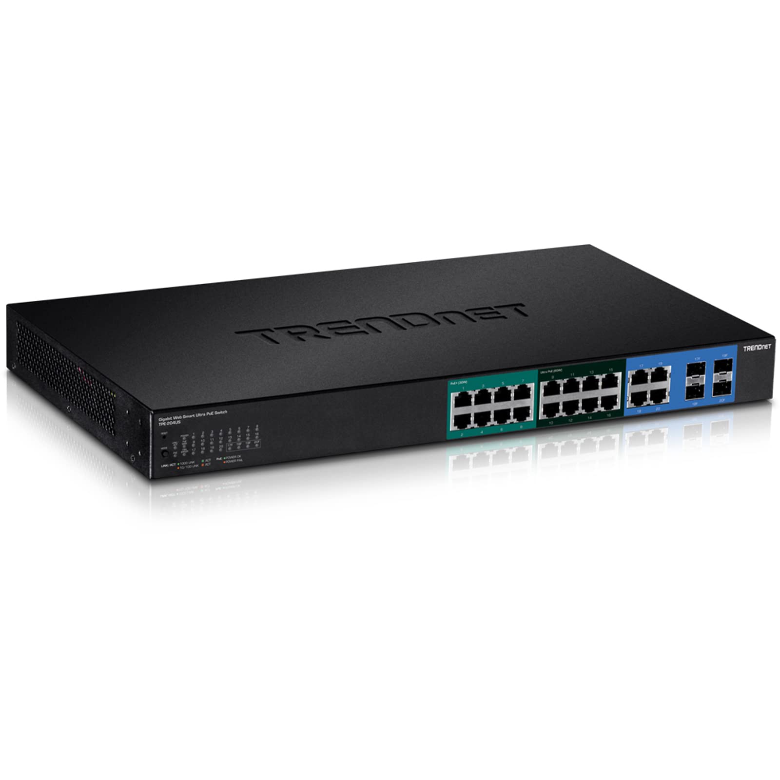 TRENDnet 20-Port Gigabit Web Smart Ultra PoE Switch with 8 x Gigabit UPoE Ports, 8 x Gigabit PoE+ Ports 4 Shared Gigabit Ports (RJ-45 or SFP), VLAN, QoS, IPv6 Support, 370W PoE Power Budget, TPE-204US