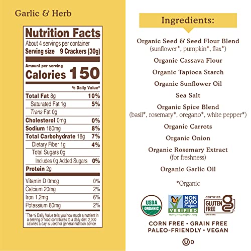 SIMPLE MILLS ORGANIC SEED CRACKERS, GARLIC & HERB – GLUTEN FREE, VEGAN, HEALTHY SNACKS, PALEO FRIENDLY, 4.25 OUNCE (PACK OF 1)