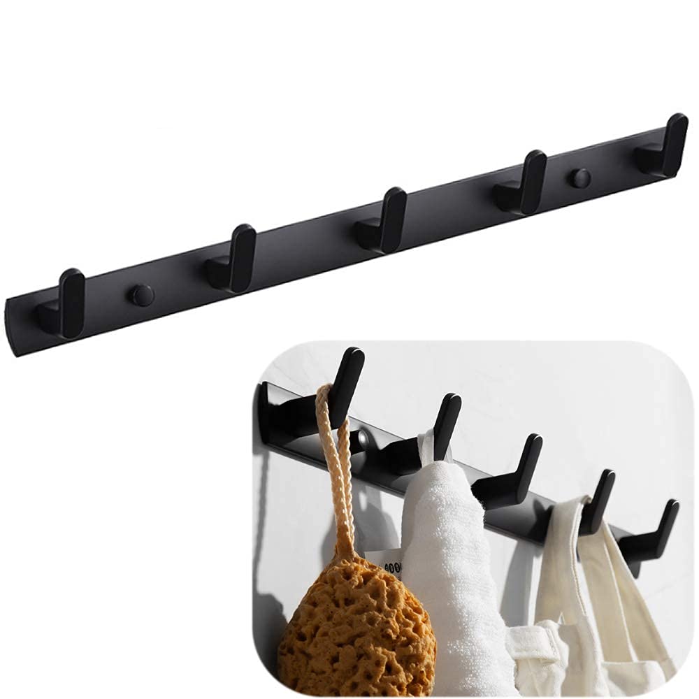 Spotcact Wall Mounted Coat Rack with 5 Hooks Hanging Towel Robe Holder 17.7x1.3 Modern Black Hanging for Clothes Entryway Bathroom Kitchen Mudroom