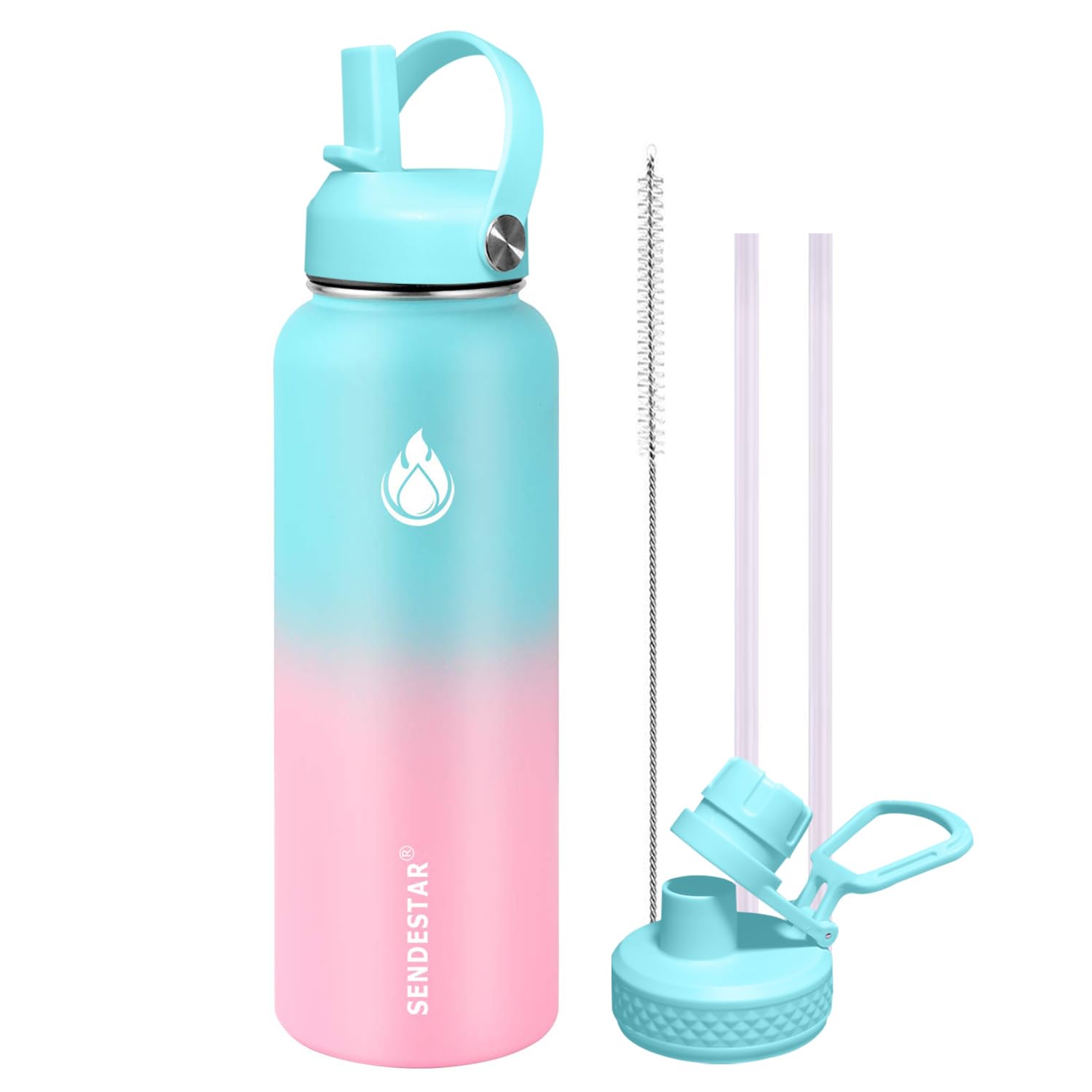 Photo 1 of SENDESTAR Water Bottle 32oz Double Wall Vacuum Insulated Leak Proof Stainless Steel Sports Water Bottle—Wide Mouth with New Flex Straw Lid & Spout Lid (Bubble Gum)