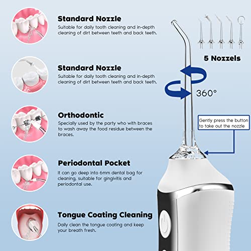 MonaSmile Water Dental Flosser Cordless- 3 Modes & IPX6 Waterproof & 5 Nozzles - 300ML Portable Oral Irrigator for Teeth Deep Cleaning, Home Travel Use (White)