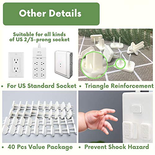 Baby Proof Outlet Covers Wall Plug Socket Caps 40pcs Toddler Children Safety Protector Durable Steady Home Accidental Shock Hazard Prevention Guards BPA Free for US 2-Prong Socket White