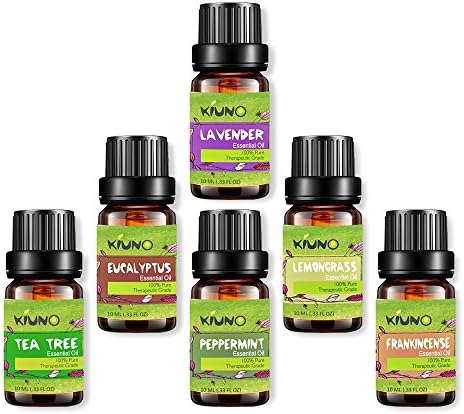 KIUNO Aromatherapy Essential Oils Set 100% Pure Therapeutic Grade Oils -Lavender, Peppermint,Lemongrass,Tea Tree,Eucalyptus,Frankincense Diffuser Oils, 6 count - 10 ml