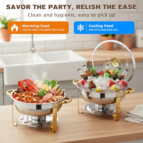 food Warmer Server, Chafing Dish Buffet Set, Round Catering Warmer Server Stainless Steel with Glass Lid, Water Pan, Lid Stand, Fuel Holder Cover (2pcs)